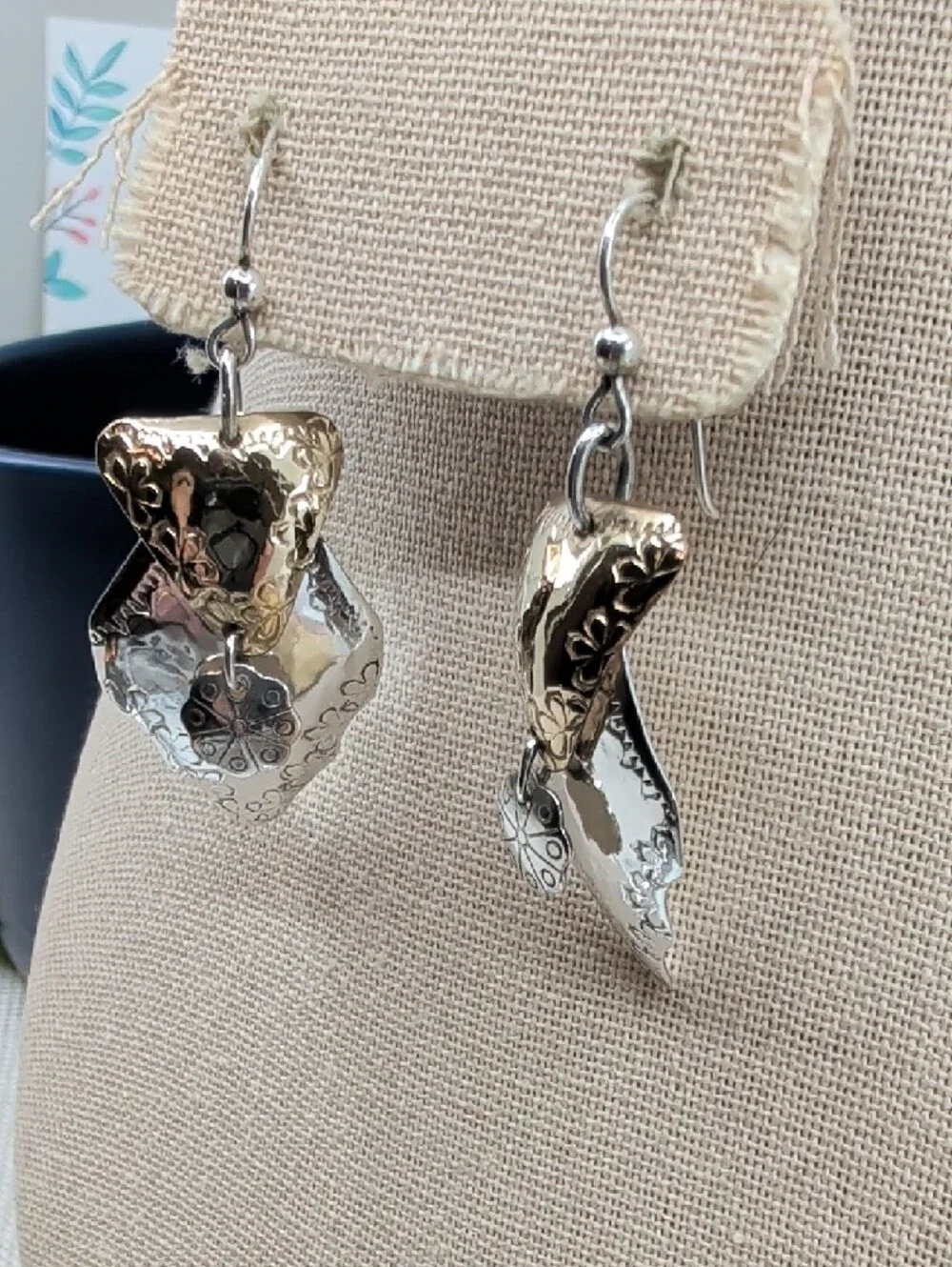 Vintage Hand-Hammered 925 Sterling Two-Tone Shield Dangle Earrings